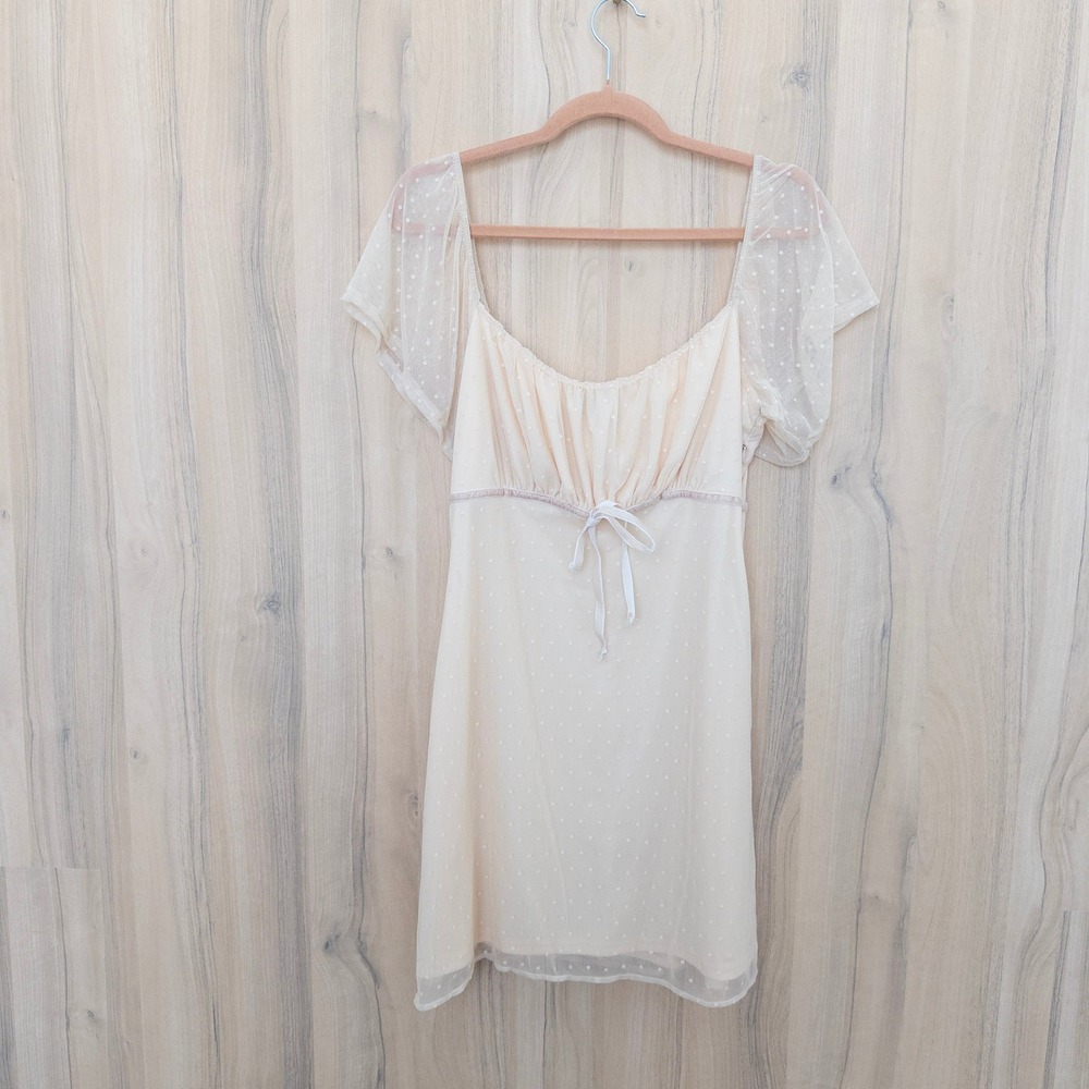 Lulus Babydoll Dress M Peach Swiss Dot‎ Mesh Sheer Flutter Sleeve Romantic Fairy